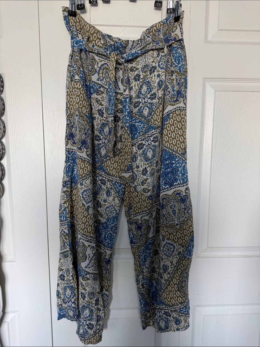 Wide Leg Paisley Print Pants in Blue and Olive